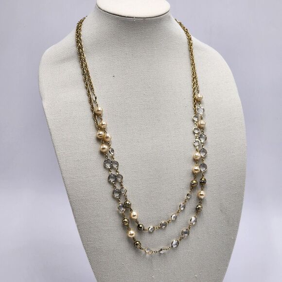 Ann Taylor Long Layered Pearl Clear Bead Gold Chain Necklace - Picture 2 of 4